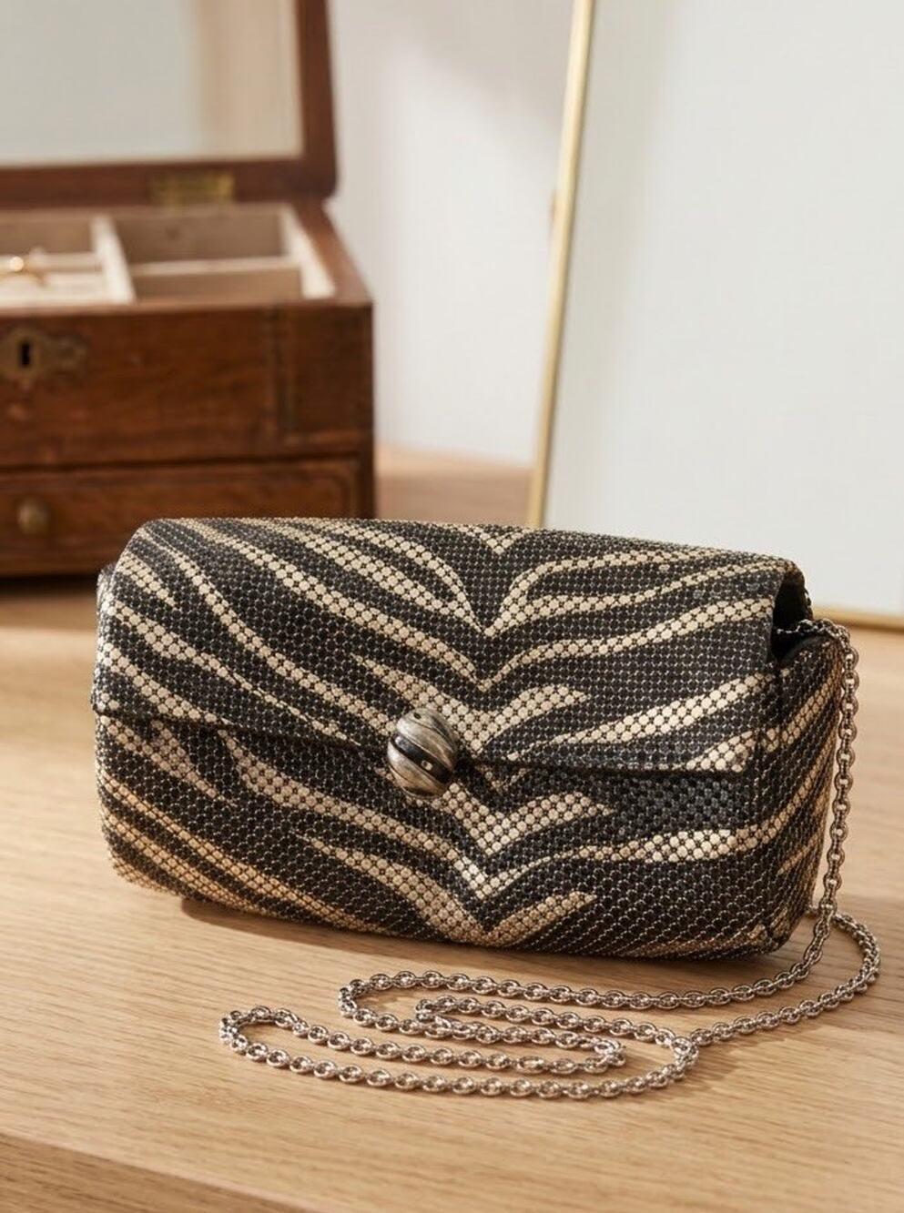 Vintage Zebra Metal Mesh Clutch Purse Black Gold Silver Flap Chain Evening Bag